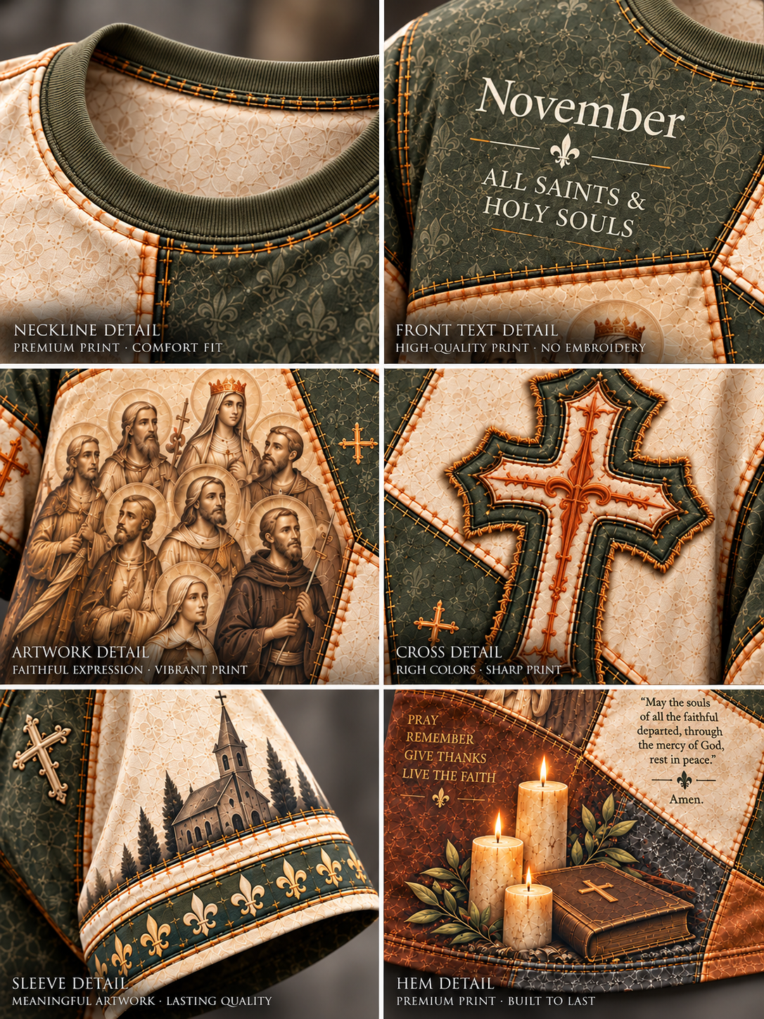 A collage showing multiple close-up views of a dark green and beige religious sweatshirt. The panels highlight the neckline, front text detail reading 'November All Saints & Holy Souls,' artwork detail with saints, a large cross graphic, sleeve detail with fleur-de-lis, hem detail, and a candle-and-book quote panel.