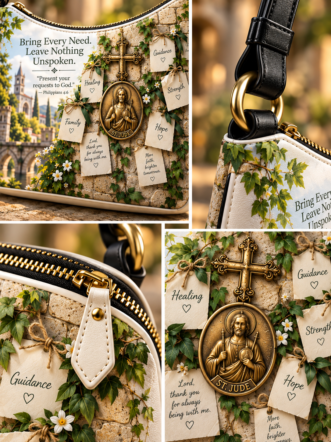 A collage showing a decorative handbag from multiple angles. The bag has a cream and white textured body with green ivy, gold-tone hardware, and multiple hanging religious charms including a large bronze-toned 'BY JUDAS' medallion, a cross, and small paper tags with words like Guidance, Healing, Hope, and Strength.