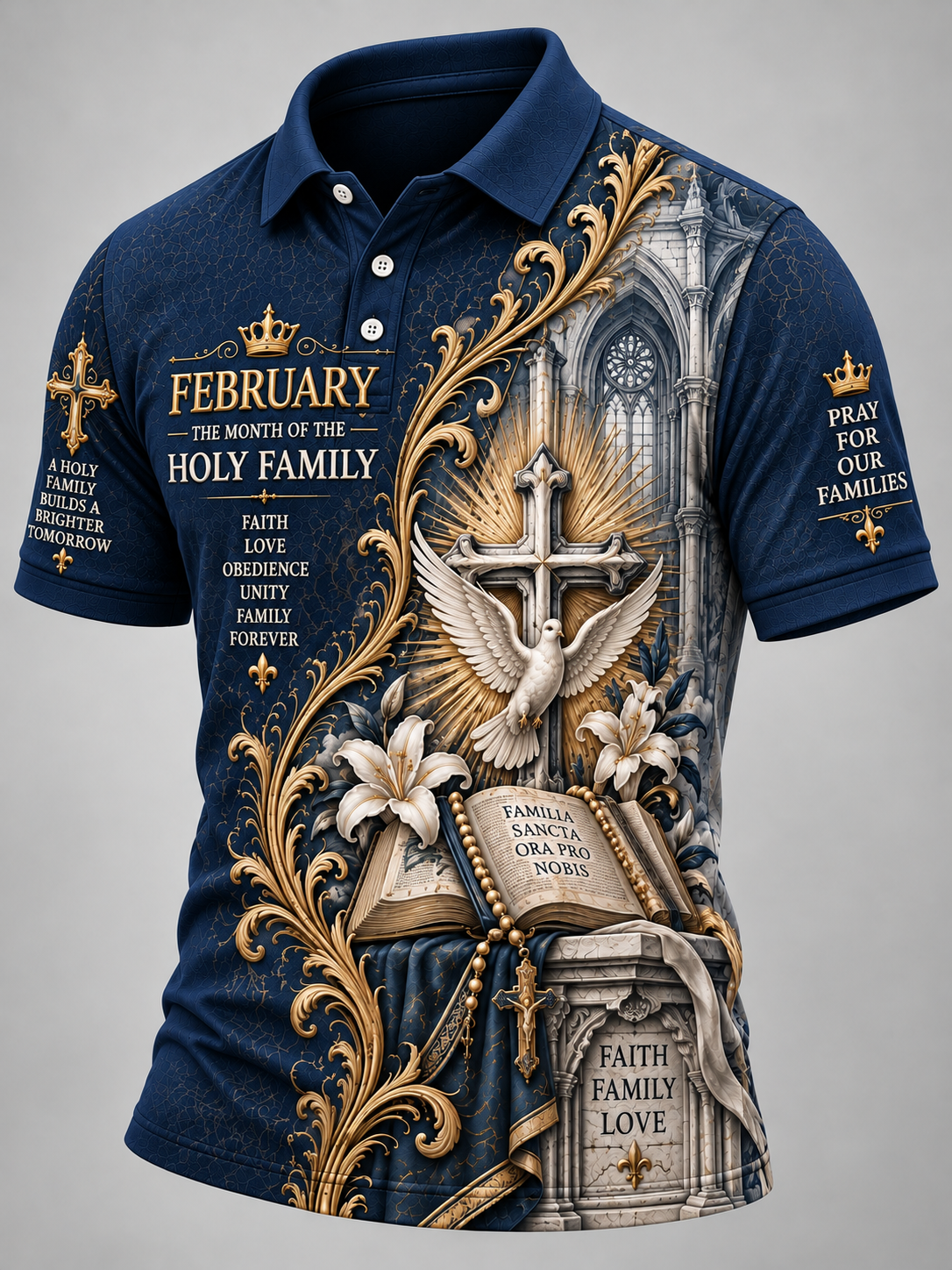 A navy blue short-sleeve polo shirt with an elaborate religious graphic print featuring a cross, dove, bible, flowers, and ornate gold scrollwork, with text including 'FEBRUARY - THE MONTH OF THE HOLY FAMILY' and 'PRAY FOR OUR FAMILIES'.
