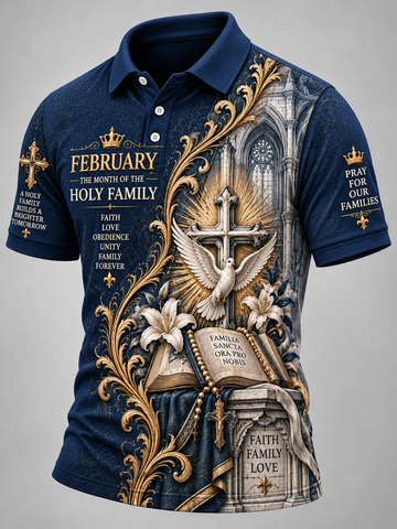A navy blue short-sleeve polo shirt with an elaborate religious graphic print featuring a cross, dove, bible, flowers, and ornate gold scrollwork, with text including 'FEBRUARY - THE MONTH OF THE HOLY FAMILY' and 'PRAY FOR OUR FAMILIES'.