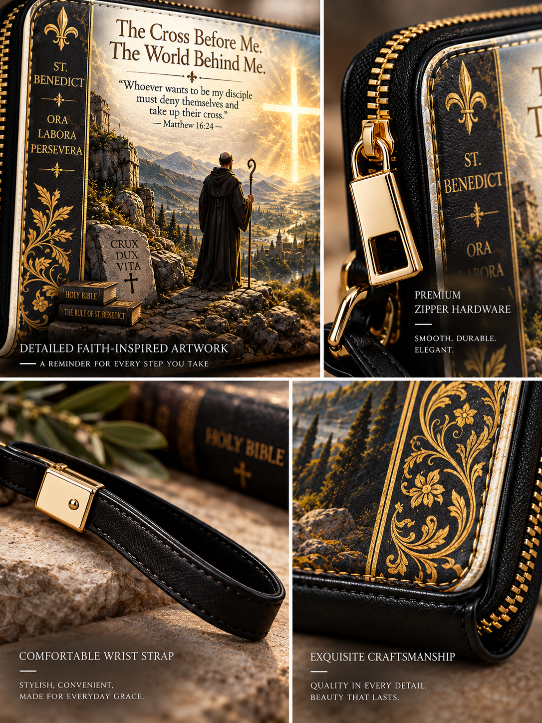 A collage showing a black leather cross-shaped wallet or clutch with ornate gold floral detailing and printed Bible-inspired artwork, including a saint illustration and religious text. The collage includes close-up views of the gold zipper hardware, the wrist strap, and the decorative gold pattern on the front.