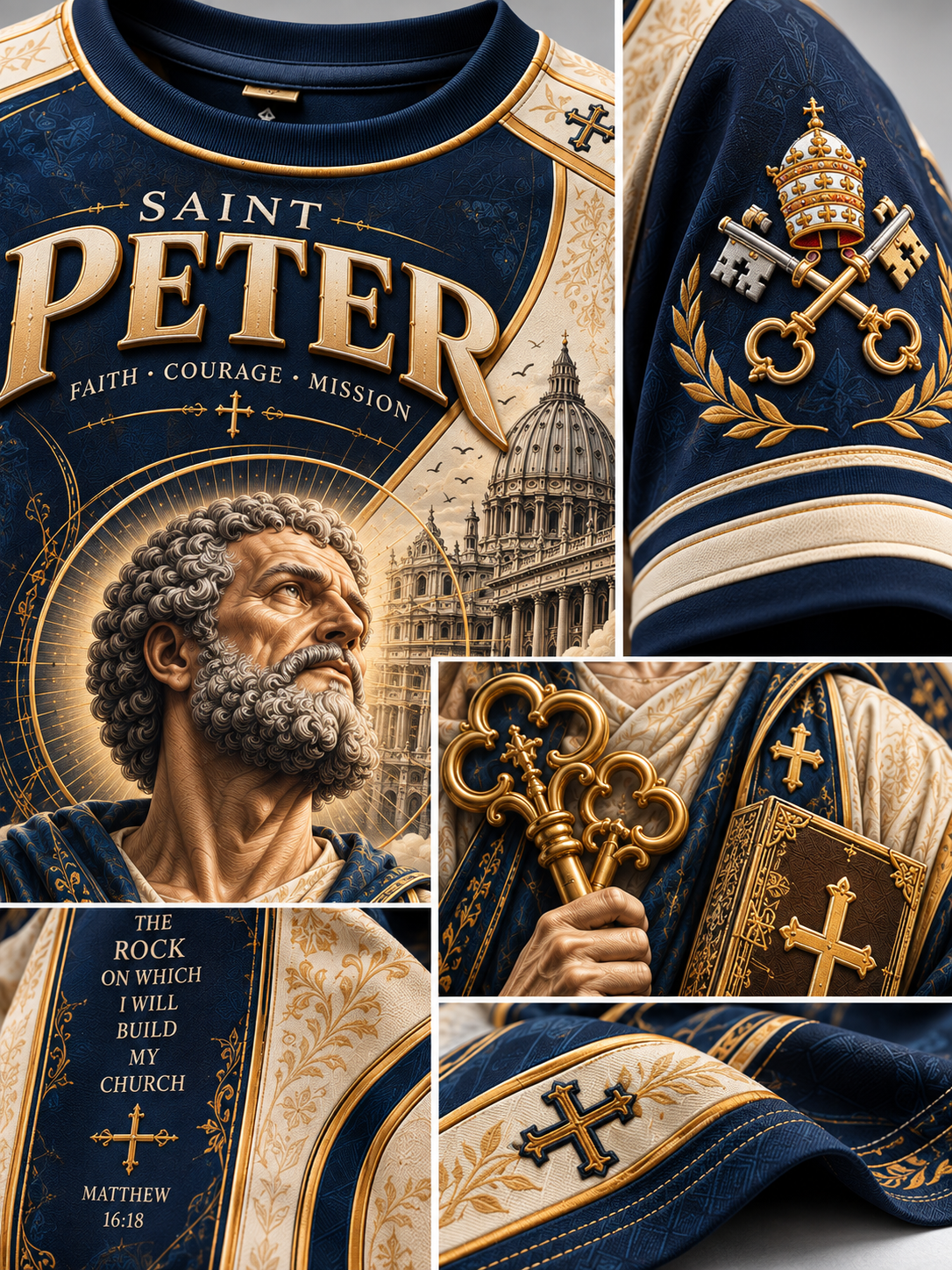 A collage showing a navy and gold Saint Peter religious apparel design, including a large front graphic with 'SAINT PETER' text, a portrait illustration, keys, crown, and ornate gold detailing on cream fabric panels.