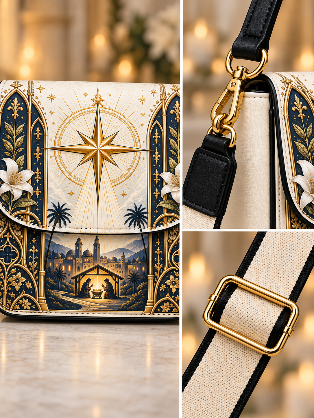 A collage showing a handbag from multiple angles: a front view with a flap featuring a gold compass star and a nativity scene, a close-up of the black leather strap and gold hardware, and a close-up of the cream-and-black woven strap with a gold buckle.