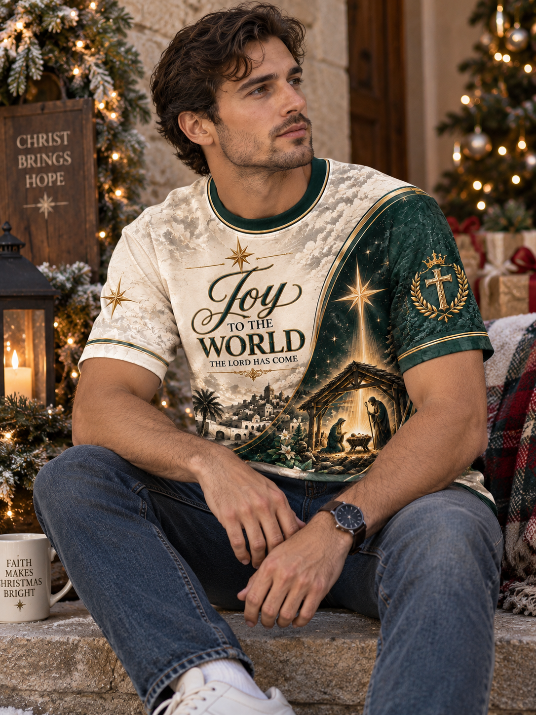 A man wearing a Christmas-themed graphic t-shirt sits on stone steps in a decorated holiday setting. The t-shirt features a split design with a cream-colored snowy landscape on the left and a dark green nativity scene on the right, with the text 'Joy to the WORLD' and 'THE LORD HAS COME'.