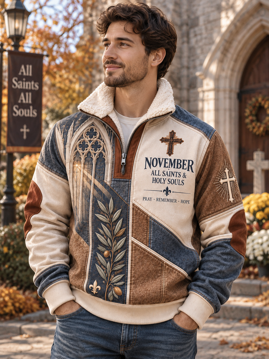 A men's quarter-zip fleece jacket with a patchwork design in brown, beige, and blue denim. The front features a gothic window motif, a leafy branch, a cross, and the text 'NOVEMBER ALL SAINTS & HOLY SOULS'.