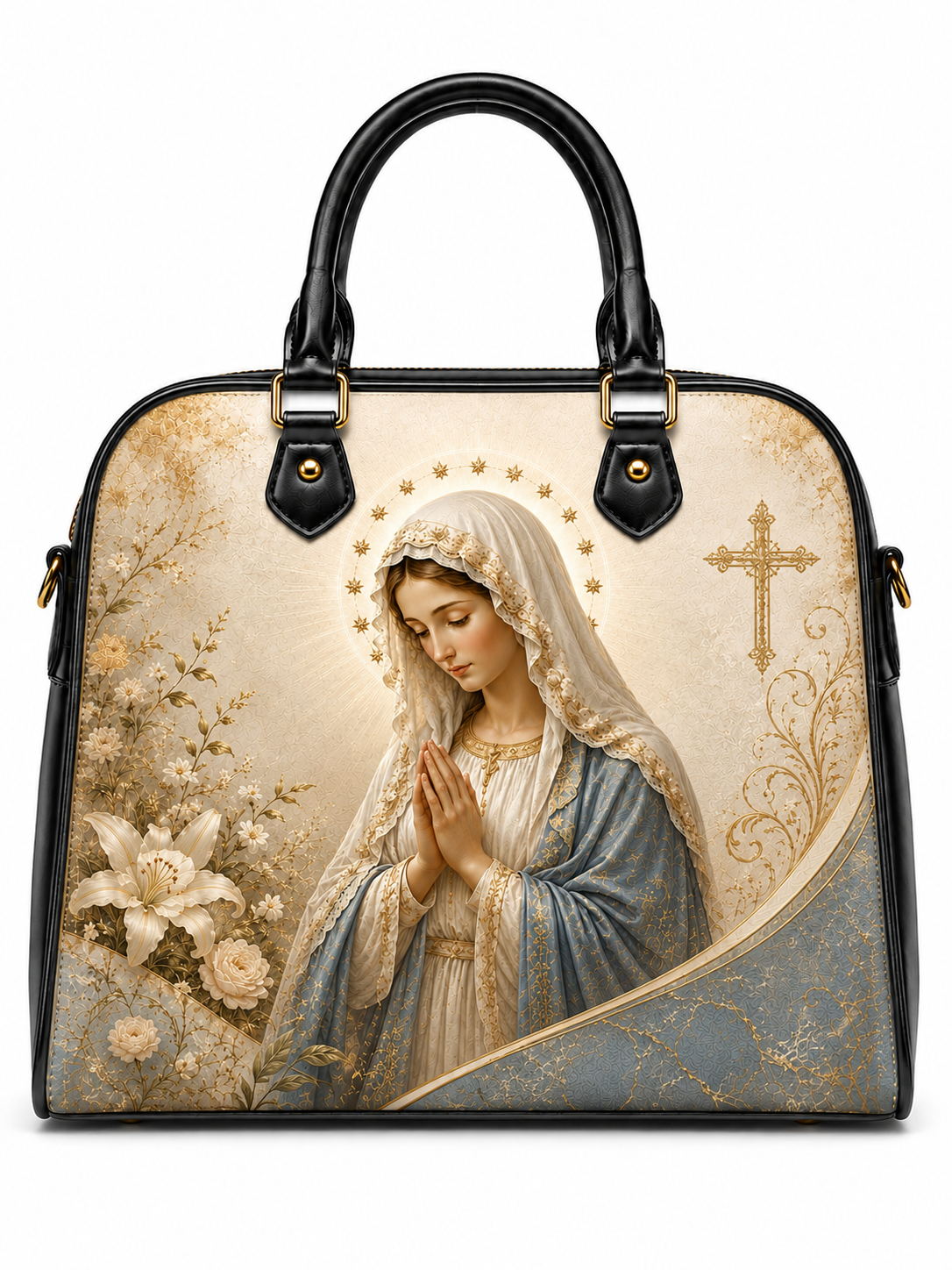 A structured black handbag with a large printed religious illustration of the Virgin Mary on the front, featuring gold floral details, a gold cross, and a cream background.