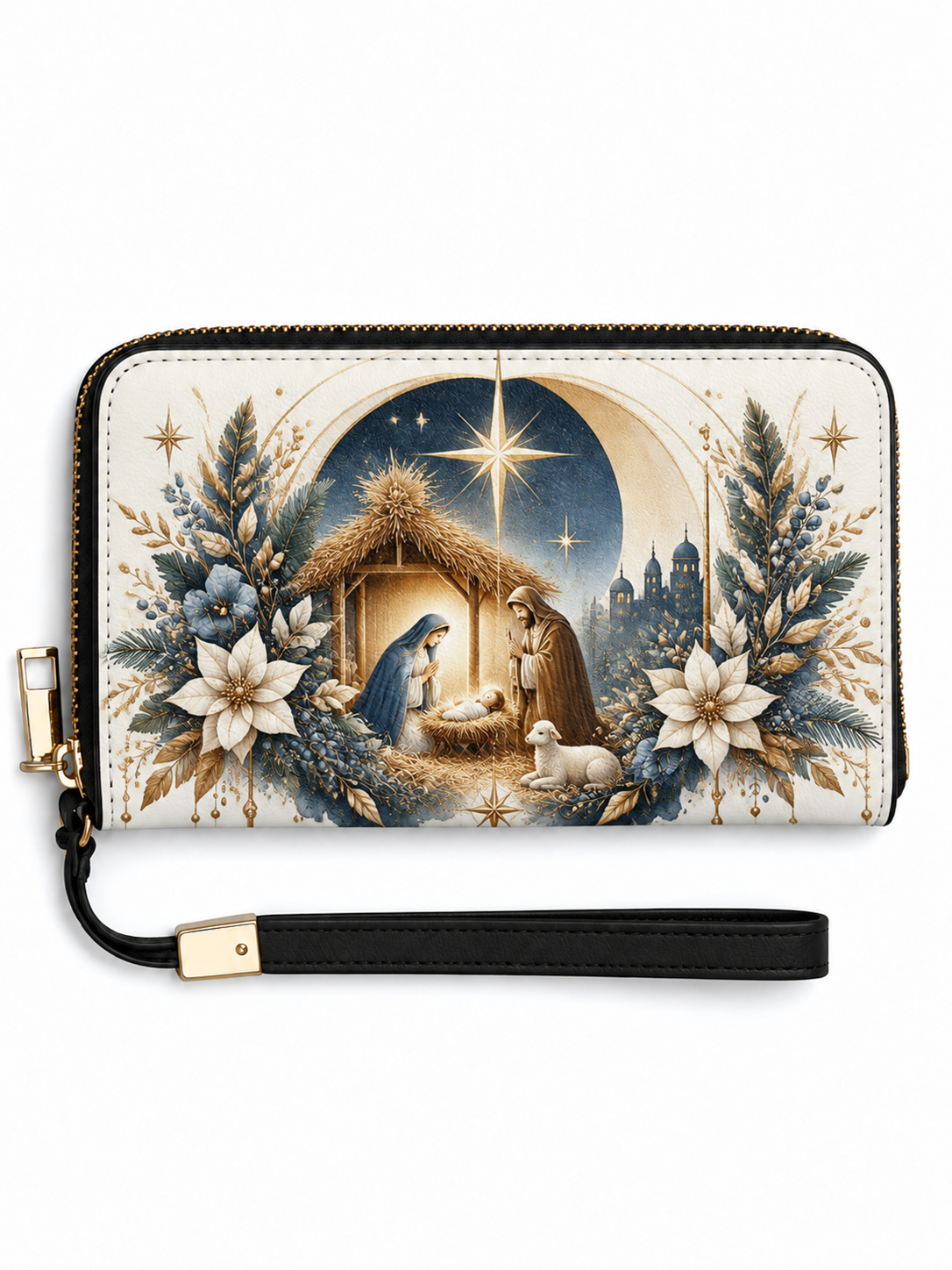 A zip-around wristlet wallet with a black wrist strap and gold-tone hardware, featuring a detailed Christmas nativity scene printed on the front. The design includes a stable, Mary, Joseph, baby Jesus in a manger, a sheep, and decorative white flowers and blue berries on a cream background.