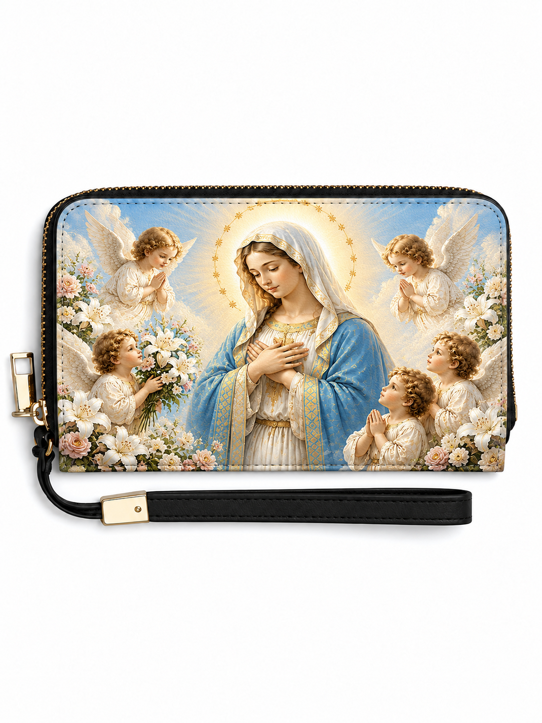A zip-around wristlet wallet featuring a printed religious design of the Virgin Mary surrounded by angels and flowers, with a black wrist strap and gold-tone hardware on a white background.