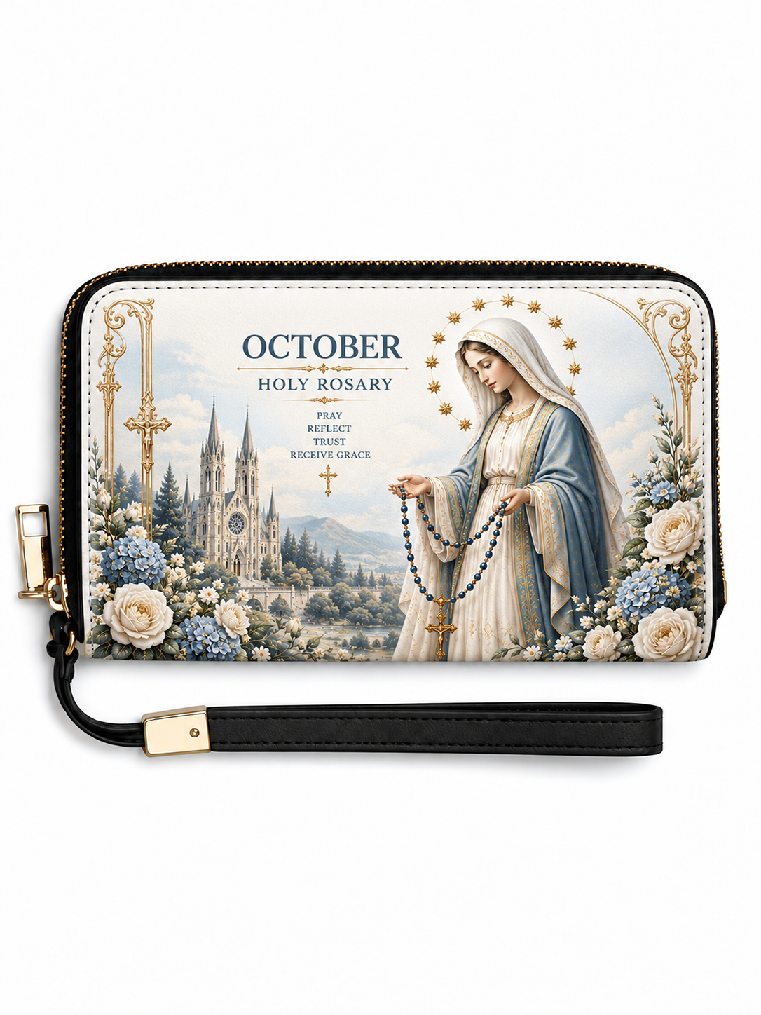A zip-around wallet with a black wrist strap, featuring a printed Holy Rosary design with a depiction of the Virgin Mary, flowers, a cathedral, and the text 'OCTOBER HOLY ROSARY' on a white background.