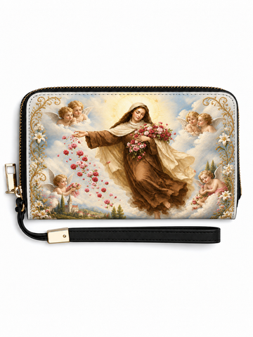 A zip-around wristlet wallet featuring a religious painting of the Virgin Mary with angels and clouds, complete with a black wrist strap and gold-tone hardware.