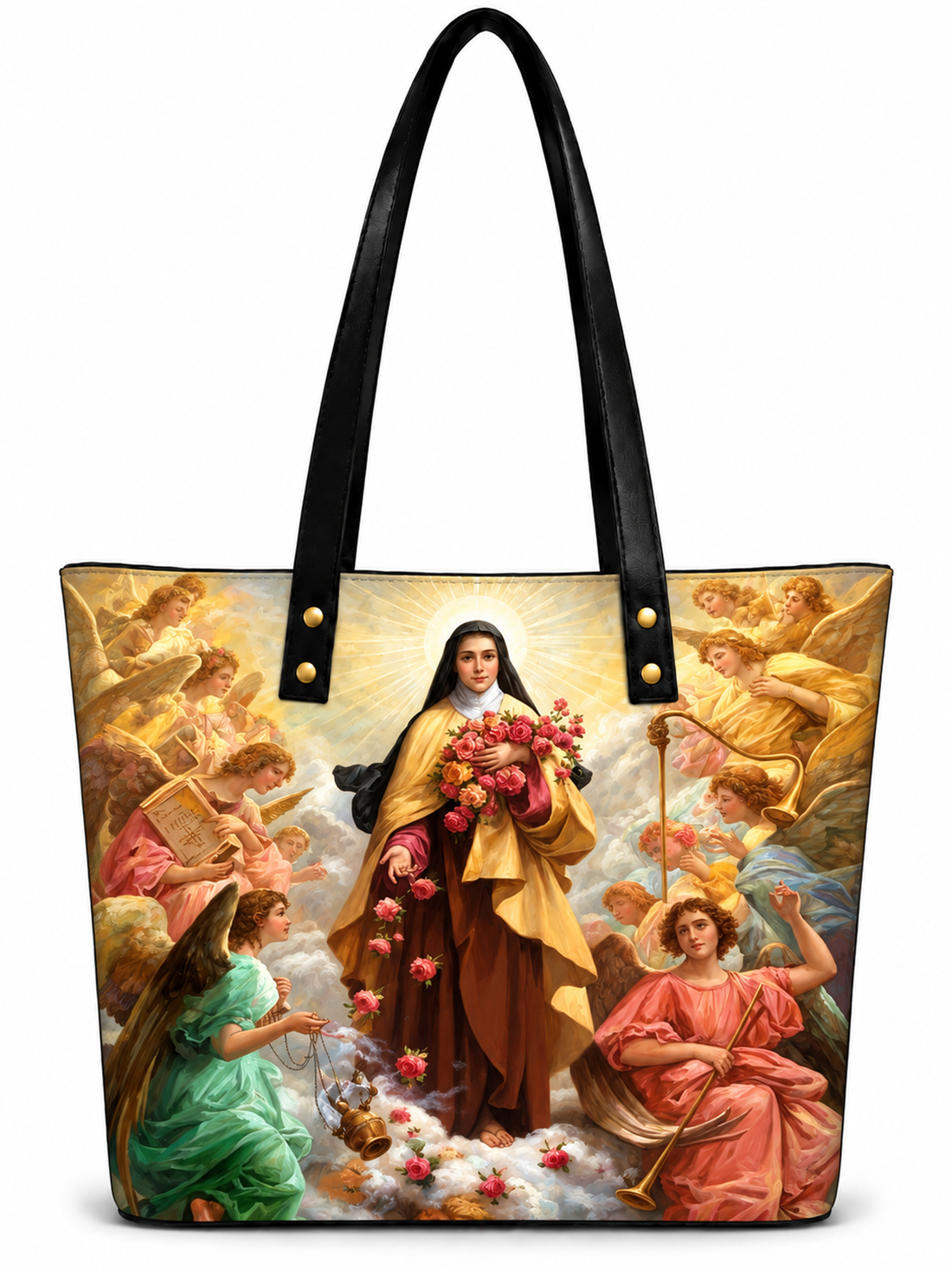 A large tote bag featuring a detailed religious painting print of a saint surrounded by angels, with black shoulder straps and gold-tone hardware, shown on a plain white background.