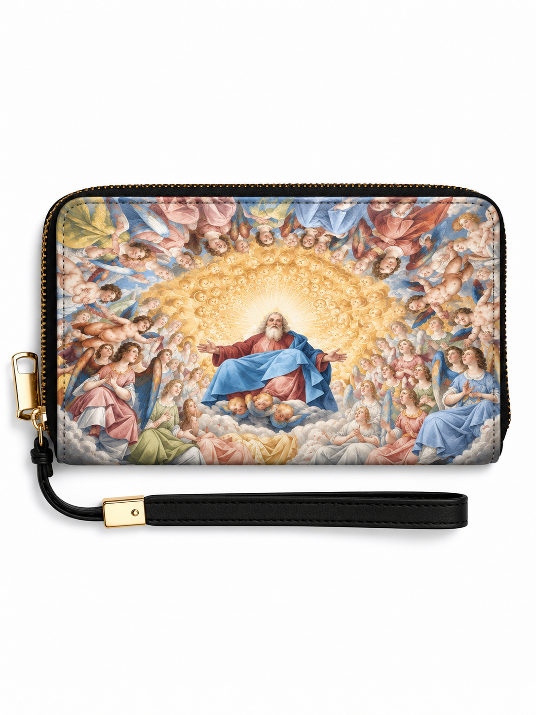 A zip-around wristlet wallet featuring a detailed religious painting print of Jesus and angels, with a black wrist strap and gold-tone hardware on a white background.