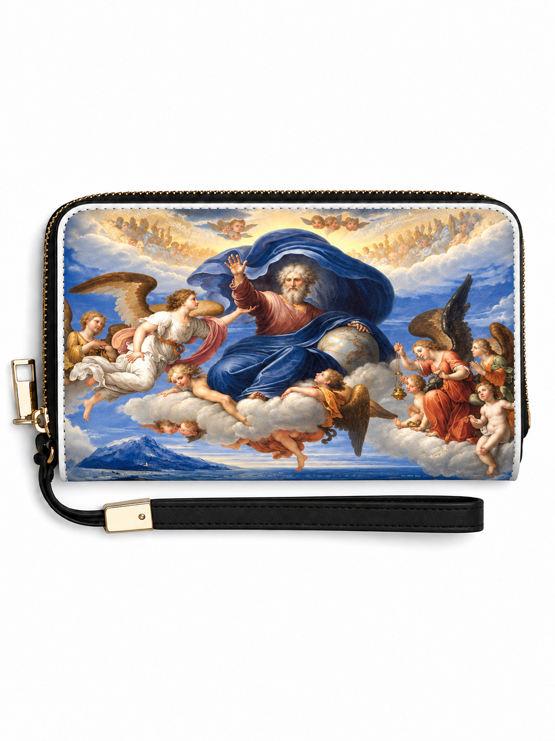 A zip-around wristlet clutch featuring a detailed print of Michelangelo's Sistine Chapel painting, complete with a black wrist strap and gold-tone hardware, shown against a plain white background.