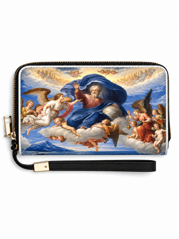 A zip-around wristlet clutch featuring a detailed print of Michelangelo's Sistine Chapel painting, complete with a black wrist strap and gold-tone hardware, shown against a plain white background.