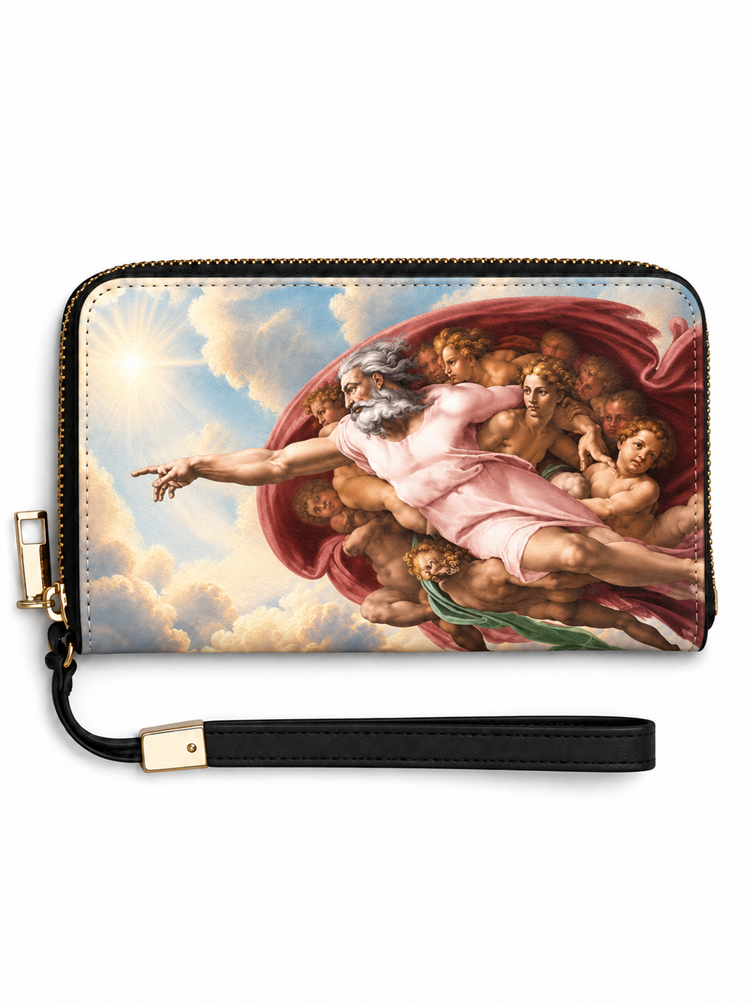 A zip-around wristlet clutch featuring a detailed print of Michelangelo's painting of God with the angels, complete with a black faux-leather wrist strap and gold-tone hardware, set against a plain white background.