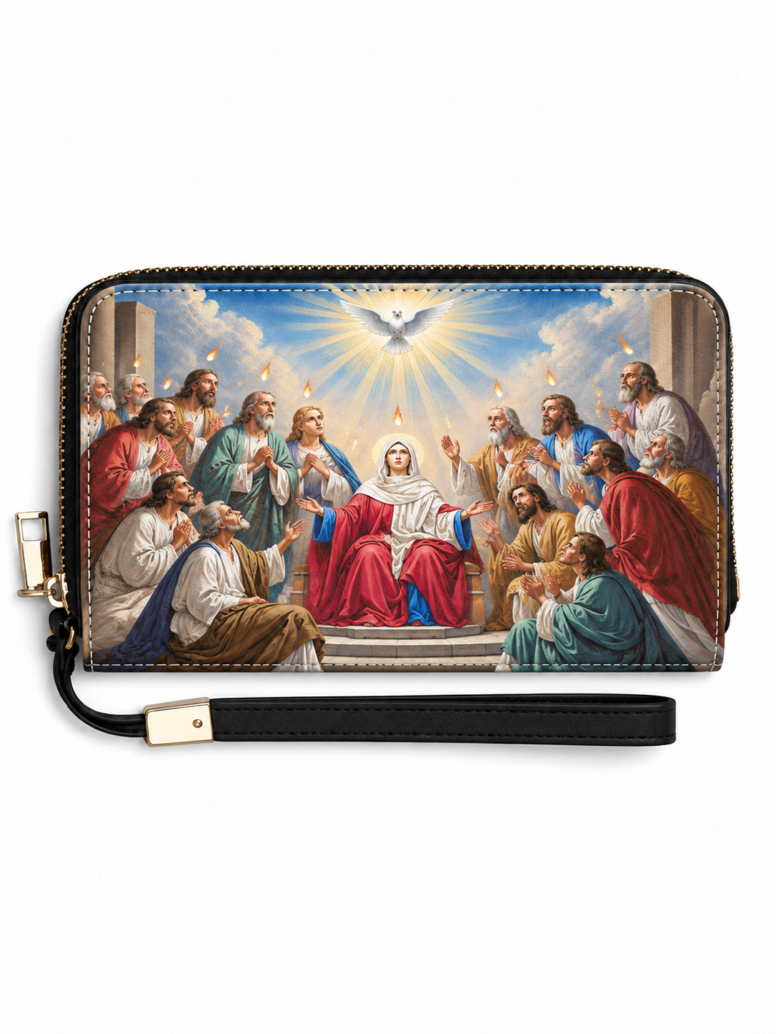 A zip-around wristlet wallet featuring a detailed religious painting of the Last Supper, complete with a black wrist strap and gold-tone hardware, shown against a plain white background.