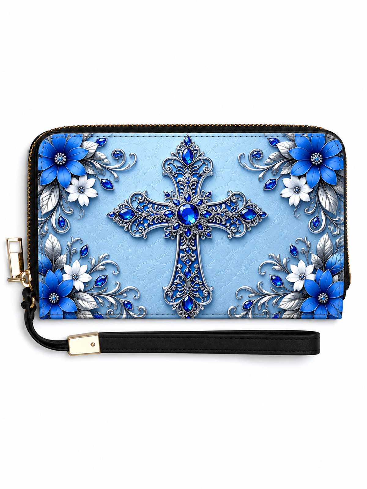 A light blue zip-around wallet with a black wrist strap, decorated with a large ornate silver cross in the center, surrounded by blue and white flowers with blue gem-like accents.