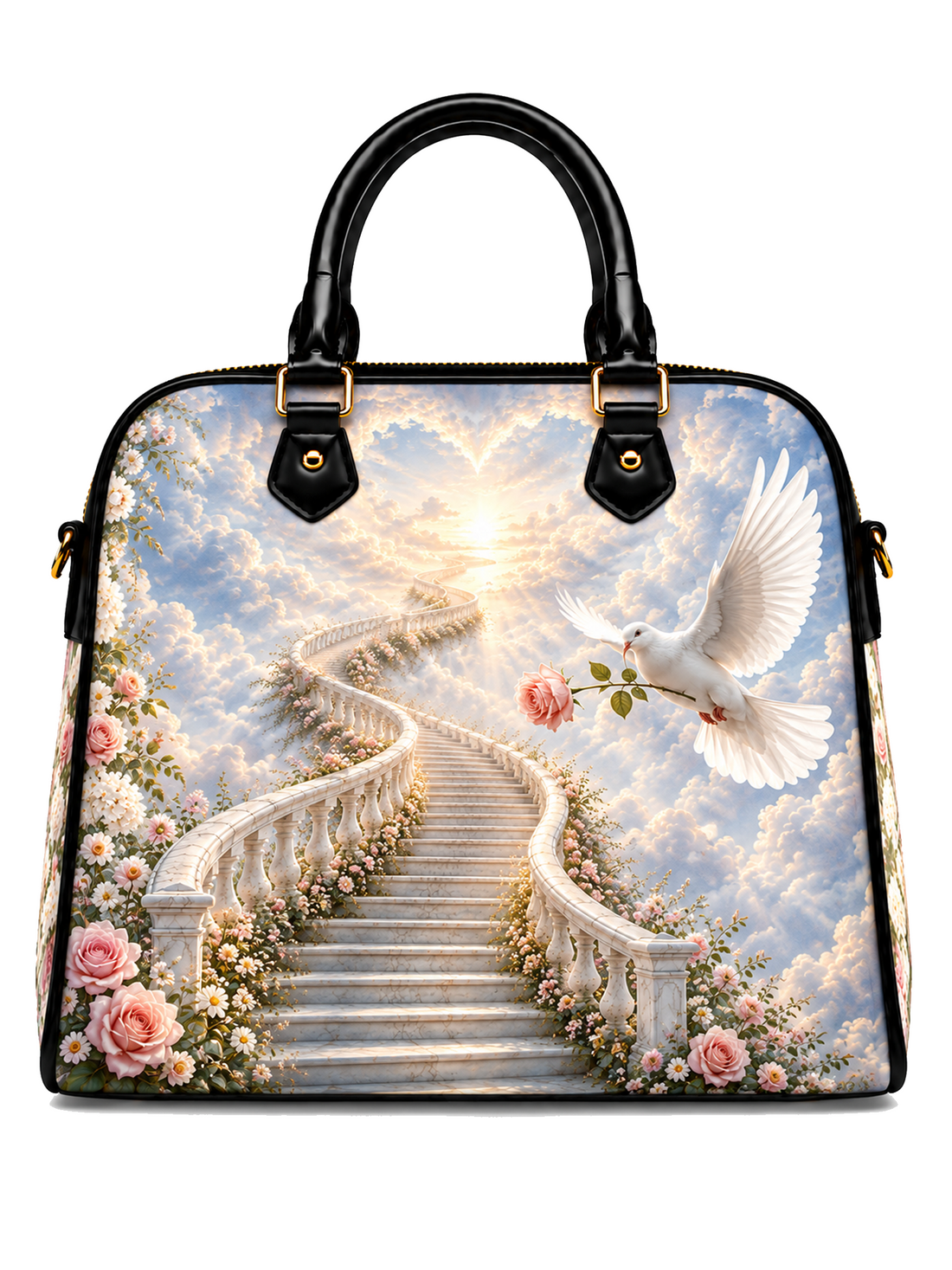 A structured handbag with black handles and trim, featuring a detailed printed design of a white dove holding a rose on a staircase surrounded by clouds and pink flowers.