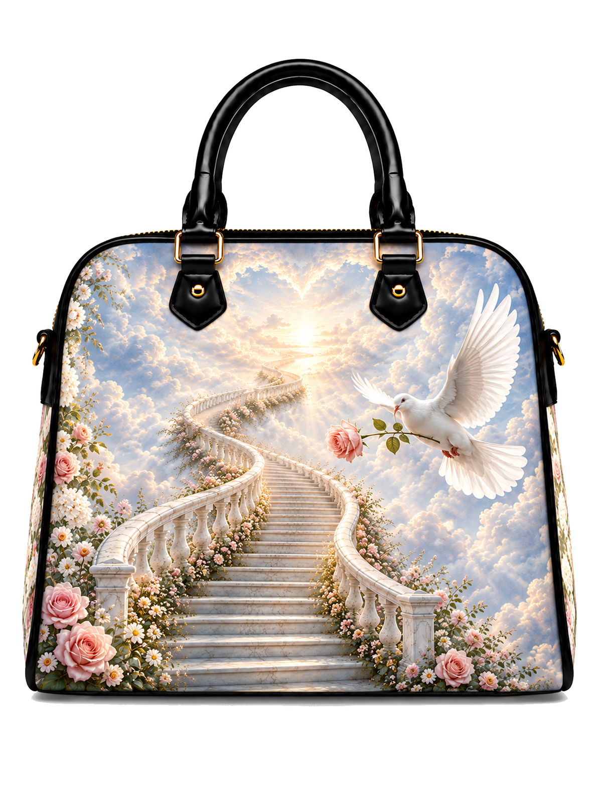 A structured handbag with black handles and trim, featuring a detailed printed design of a white dove holding a rose on a staircase surrounded by clouds and pink flowers.