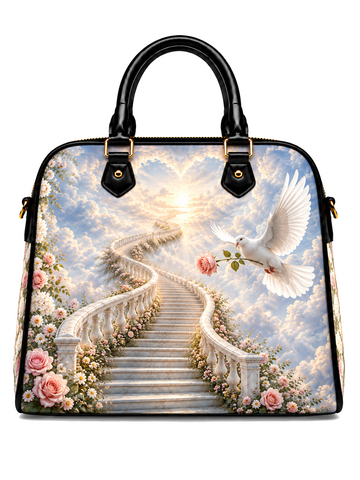 A structured handbag with black handles and trim, featuring a detailed printed design of a white dove holding a rose on a staircase surrounded by clouds and pink flowers.