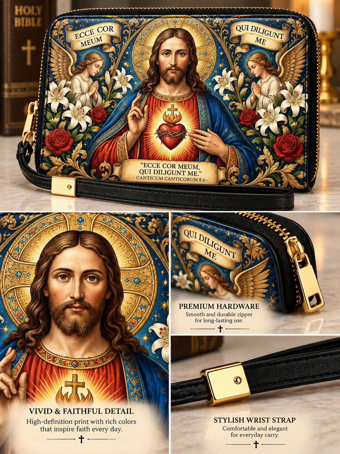 A zip-around wristlet clutch featuring a vivid religious print of Jesus with angels, roses, and lilies, shown in a three-panel collage with close-up detail shots and text callouts.
