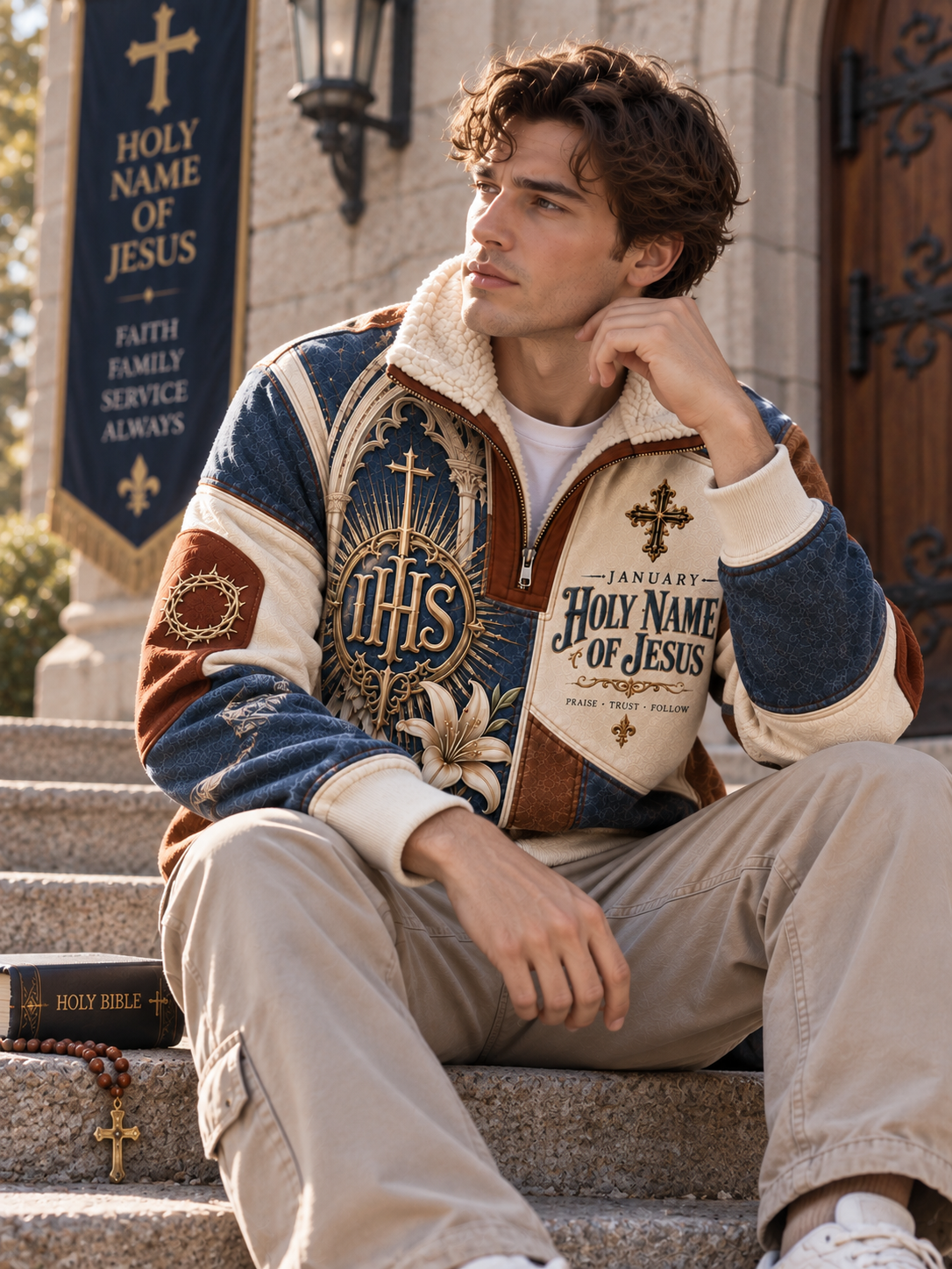 A fleece-lined quarter-zip jacket with a color-blocked design in brown, navy blue, and cream. The front features religious graphics, including 'IHS', a lily flower, and 'Holy Name of Jesus' text with a cross.