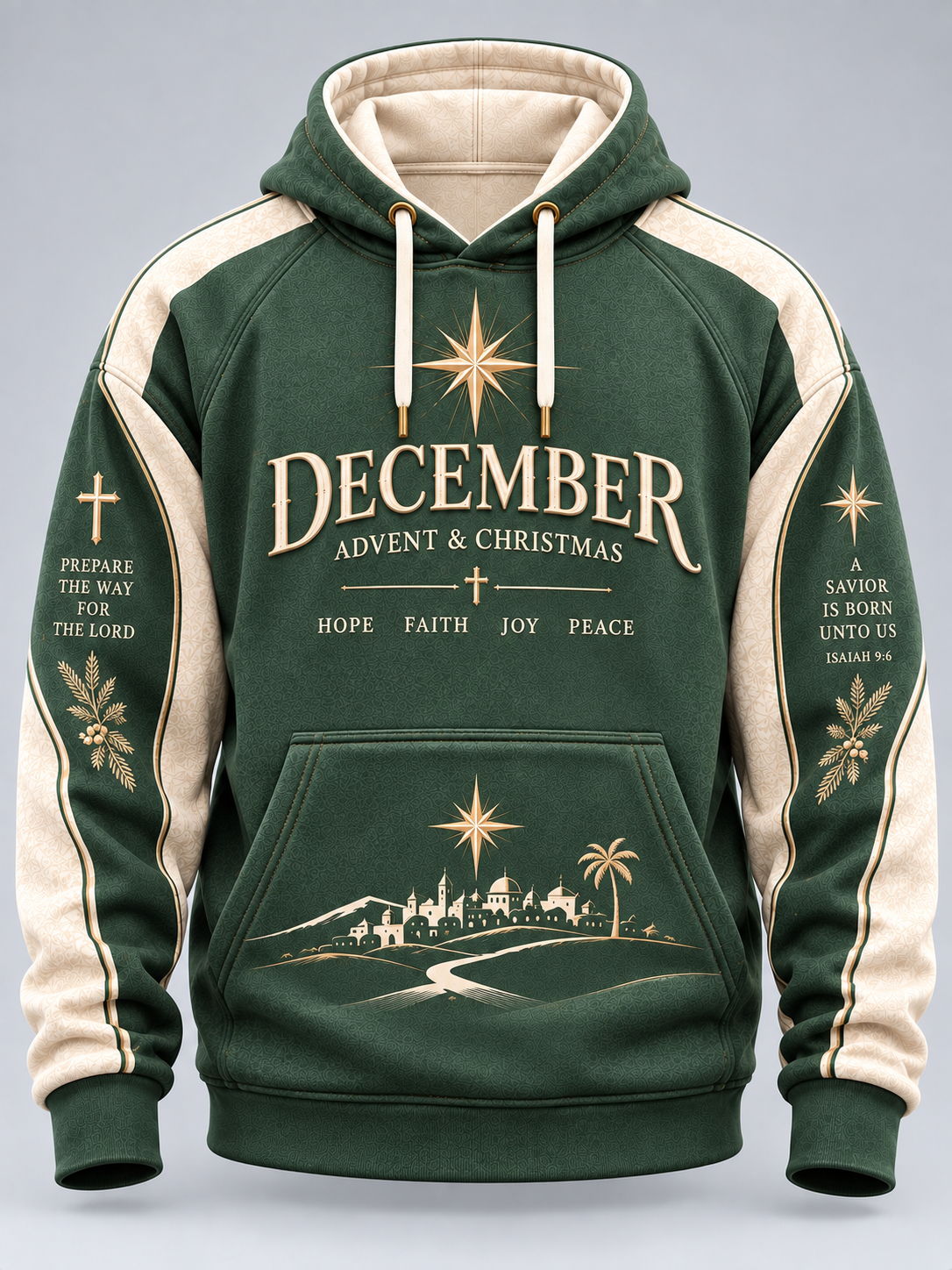 A dark green and beige pullover hoodie with Christmas-themed graphics, including 'DECEMBER Advent & Christmas' text, star motifs, and a scenic illustration on the front pocket, shown against a neutral gray background.