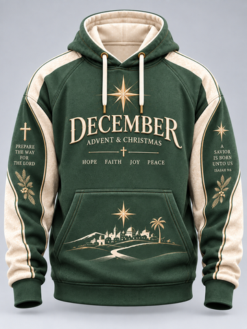 A dark green and beige pullover hoodie with Christmas-themed graphics, including 'DECEMBER Advent & Christmas' text, star motifs, and a scenic illustration on the front pocket, shown against a neutral gray background.