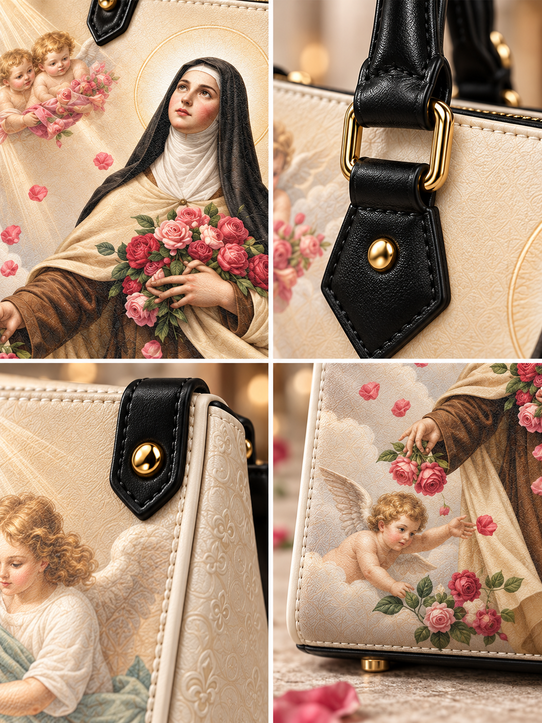 A beige structured handbag shown in a four-panel collage, featuring a religious illustration of a nun holding pink roses, black leather trim with gold-tone hardware, and angel and cherub artwork on the front and side.