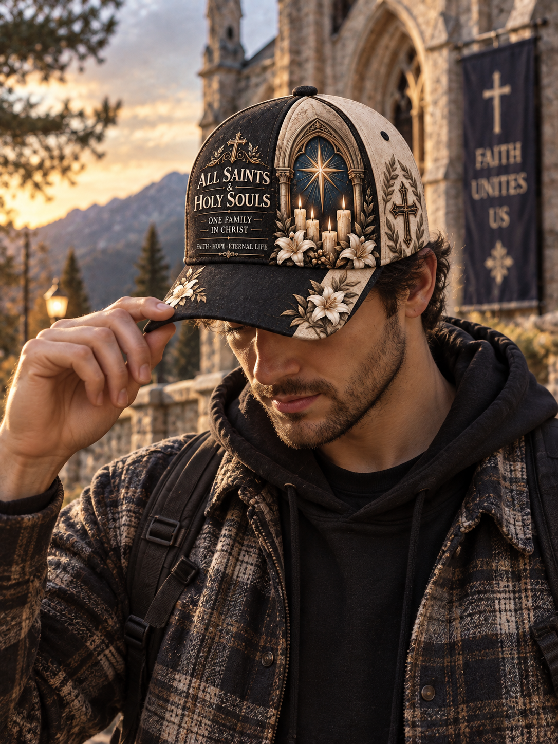 A man wearing a black and beige baseball cap with a detailed graphic of a church interior, candles, and the text 'ALL SAINTS HOLY SOULS' and 'THE FAMILY IN CHRIST' in a warm outdoor setting near a stone church.