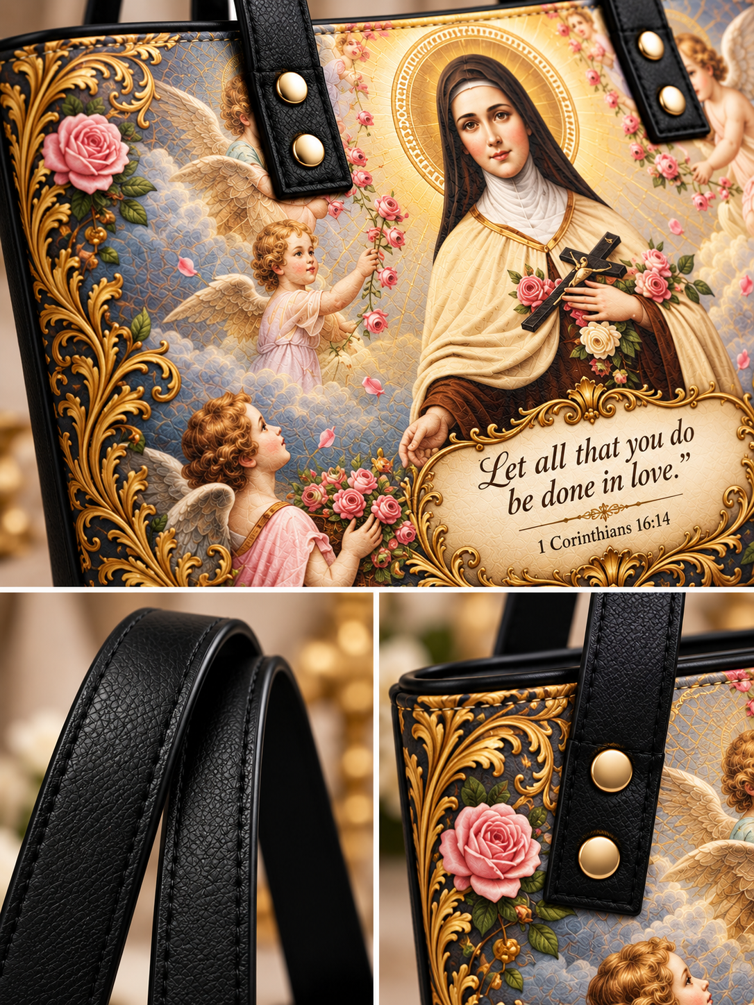A decorative tote bag shown in a three-panel collage. The main panel shows the front of the bag with a religious illustration of a saint holding a cross, two cherubs with wings, pink roses, ornate gold filigree, and the quote, 'Let all that you do be done in love.