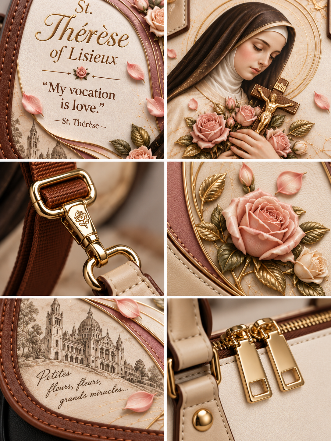 A collage of six close-up detail shots of a religious-themed handbag or pouch. The bag has a cream-colored body with brown leather trim, gold-tone hardware, and printed decorative panels featuring St.