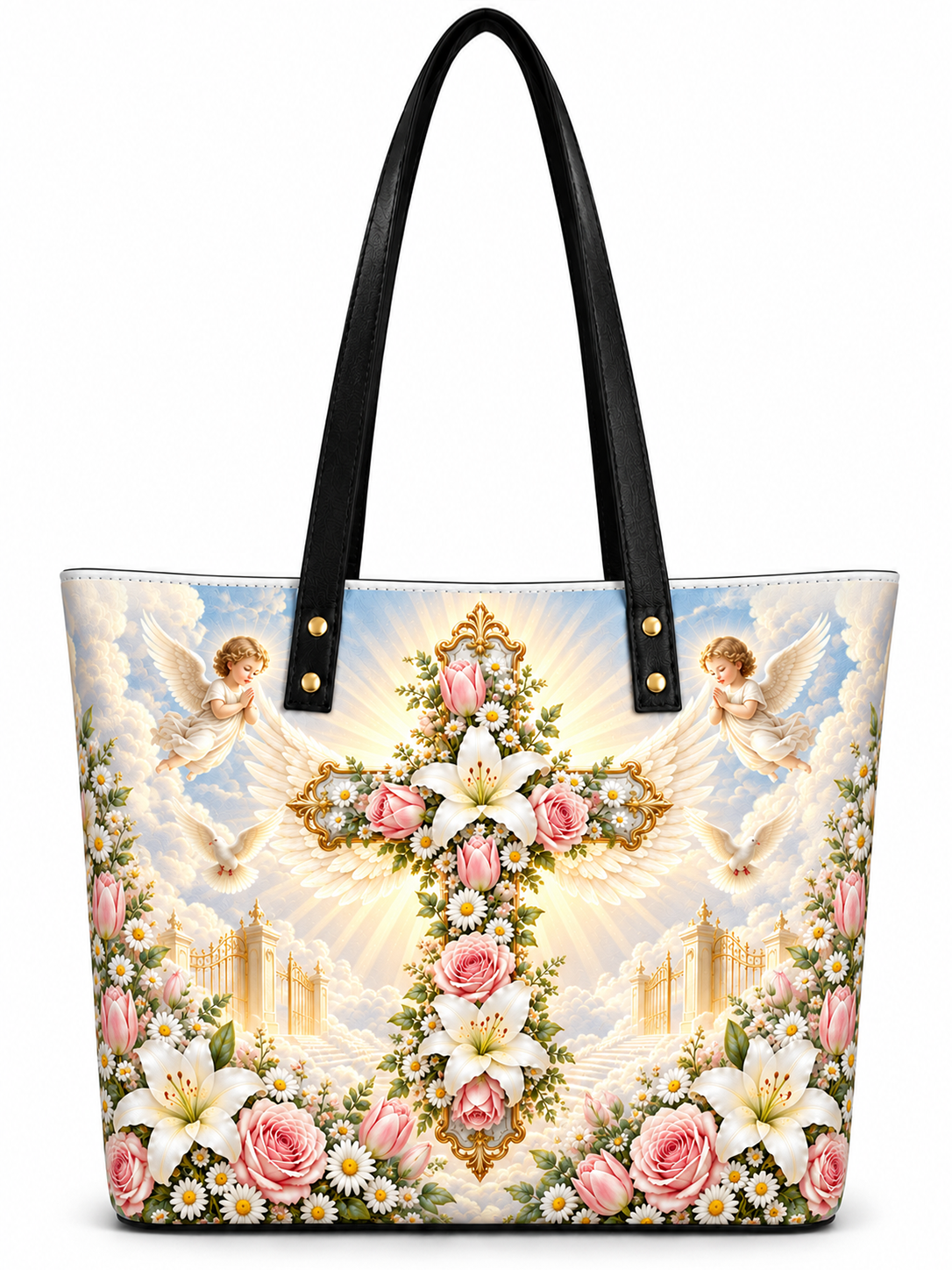 A tote bag with black shoulder straps and a detailed religious print featuring a golden cross adorned with lilies and pink roses, surrounded by white doves, clouds, and small white daisies, on a plain white background.
