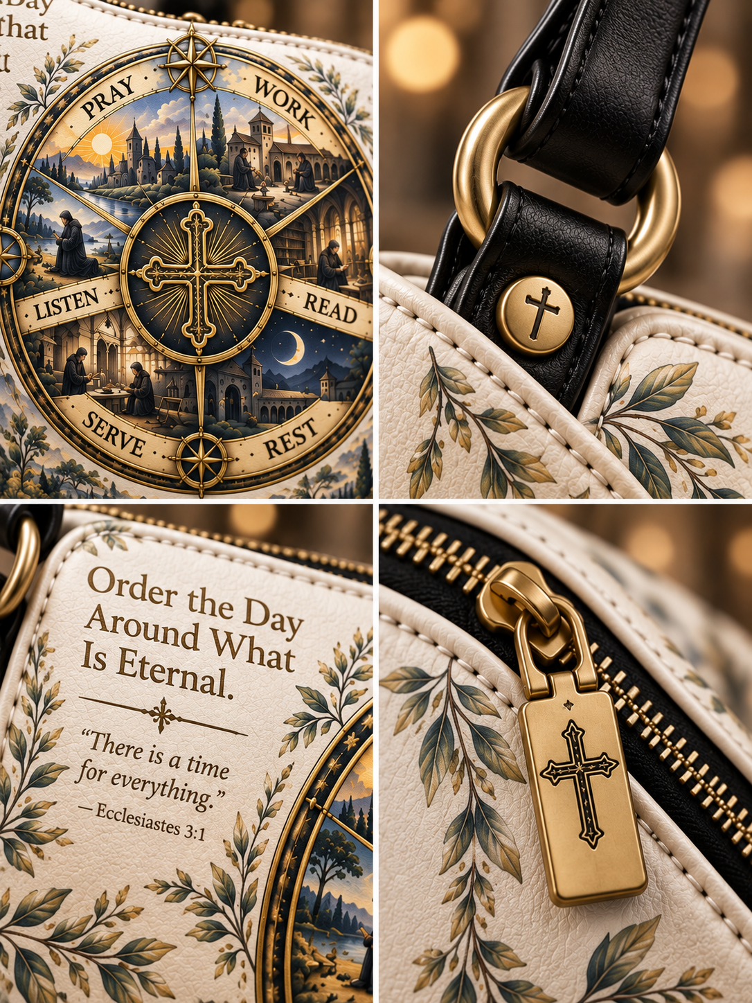 A close-up collage of a handbag or purse showing its decorative printed panel, black leather strap, gold-tone hardware, and zipper pull. The panel features a compass-like religious illustration with a cross, scripture text, and floral detailing on a light background.
