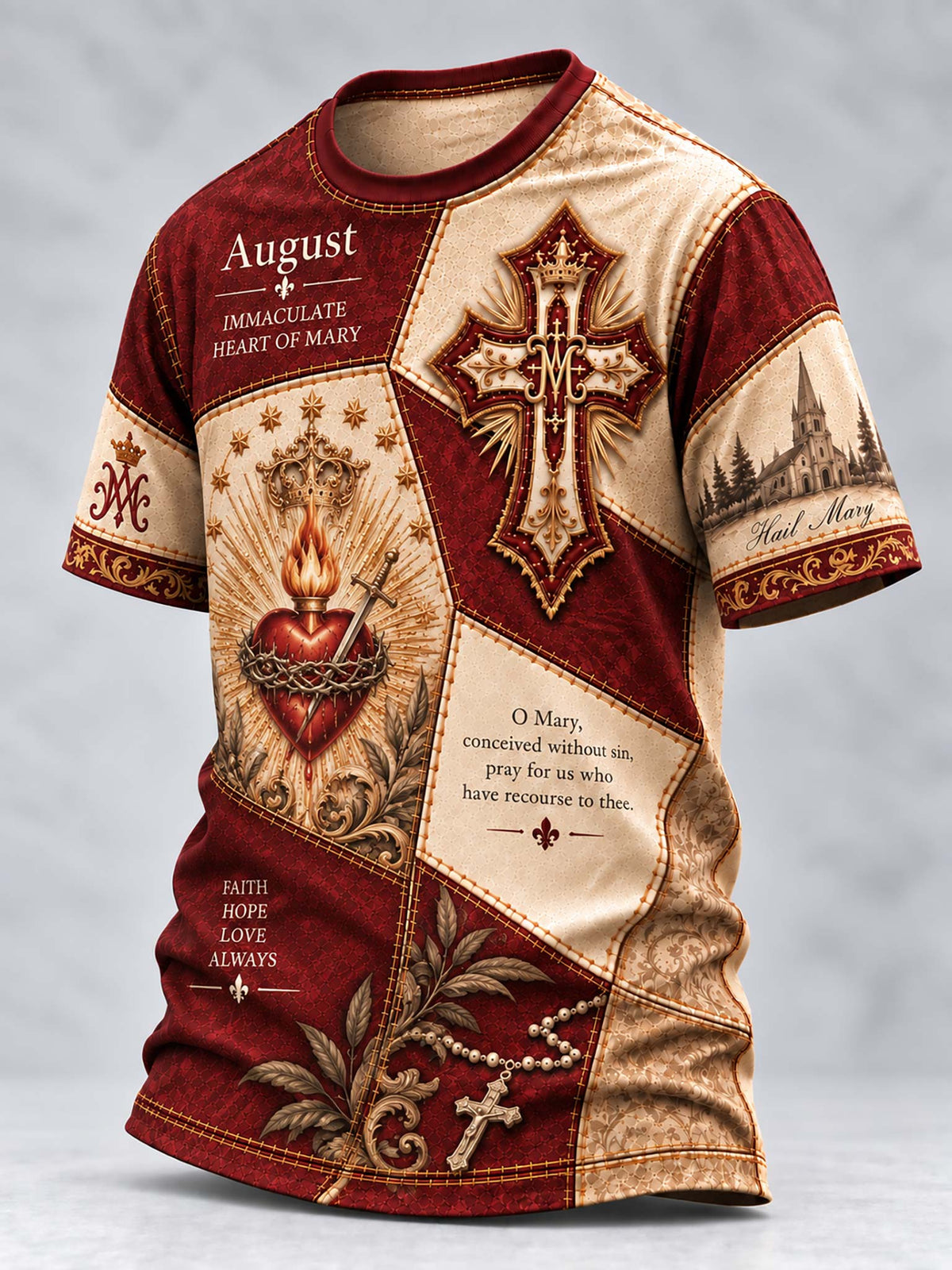 A short-sleeve crewneck t-shirt featuring a detailed religious graphic print of the Immaculate Heart of Mary, with a large ornate cross, a burning heart, and religious text on a beige and dark red background.