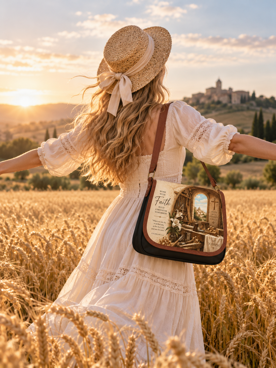 A woman in a white dress and straw hat stands in a golden wheat field at sunset, carrying a brown and beige shoulder bag with a vintage-style illustration and the word 'Faith' printed on it.