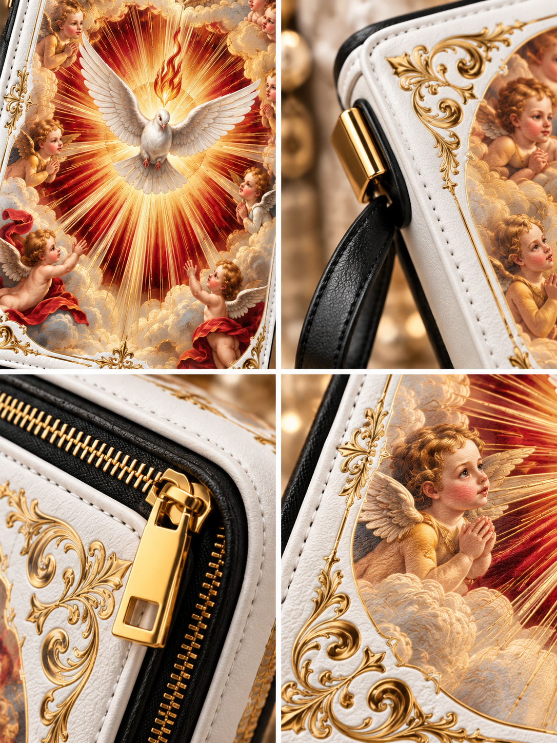 A close-up collage of a white and black handbag with ornate gold detailing and a religious art print featuring cherubs and a dove of light. The collage shows the main printed panel, a gold zipper with pull tab, and a black leather strap attachment.