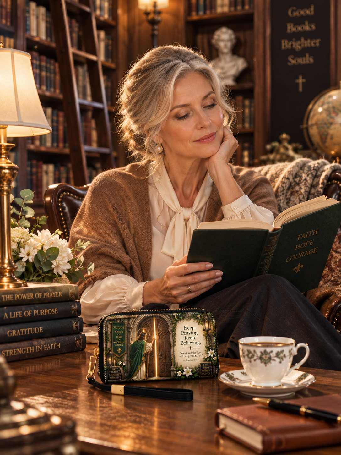 A woman sits in a warm, book-filled library reading a green book, with a matching illustrated zip pouch, teacup, and stacked books on a wooden table in the foreground.
