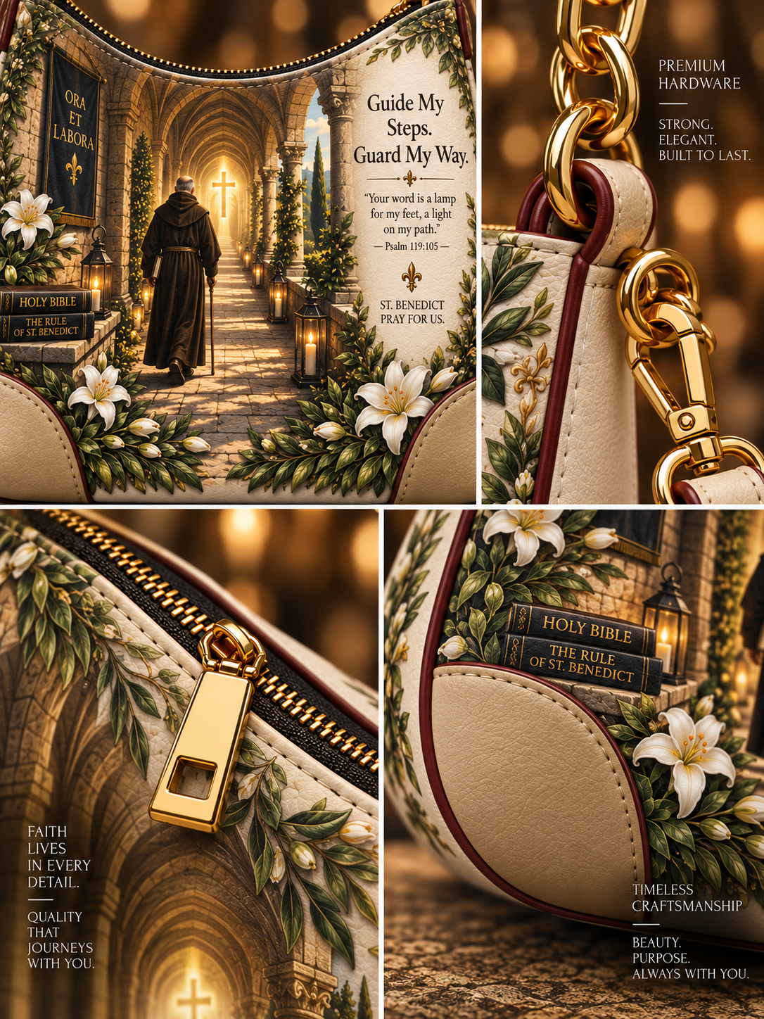 A close-up collage of a beige and green floral-patterned leather bag with gold hardware, showing the front print with a cathedral scene and Bible verse, zipper detail, and chain strap.
