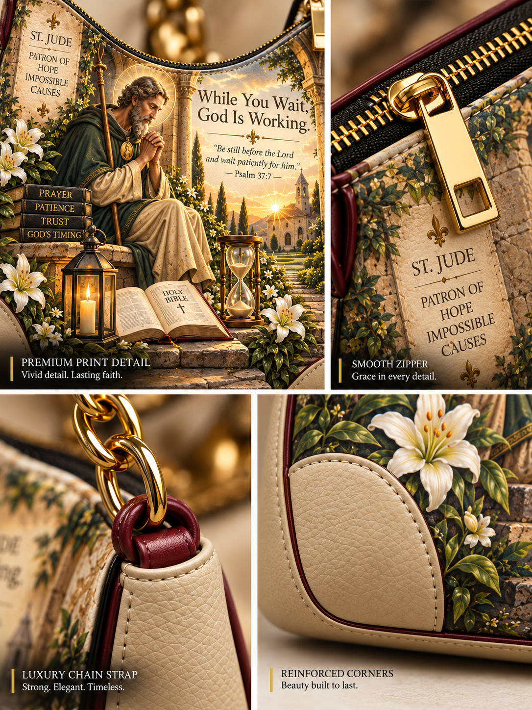 A luxury shoulder bag shown in a three-panel collage with close-up details. The bag has a cream-colored leather trim, a gold zipper with a decorative pull, and a printed front panel featuring an illustration of St.
