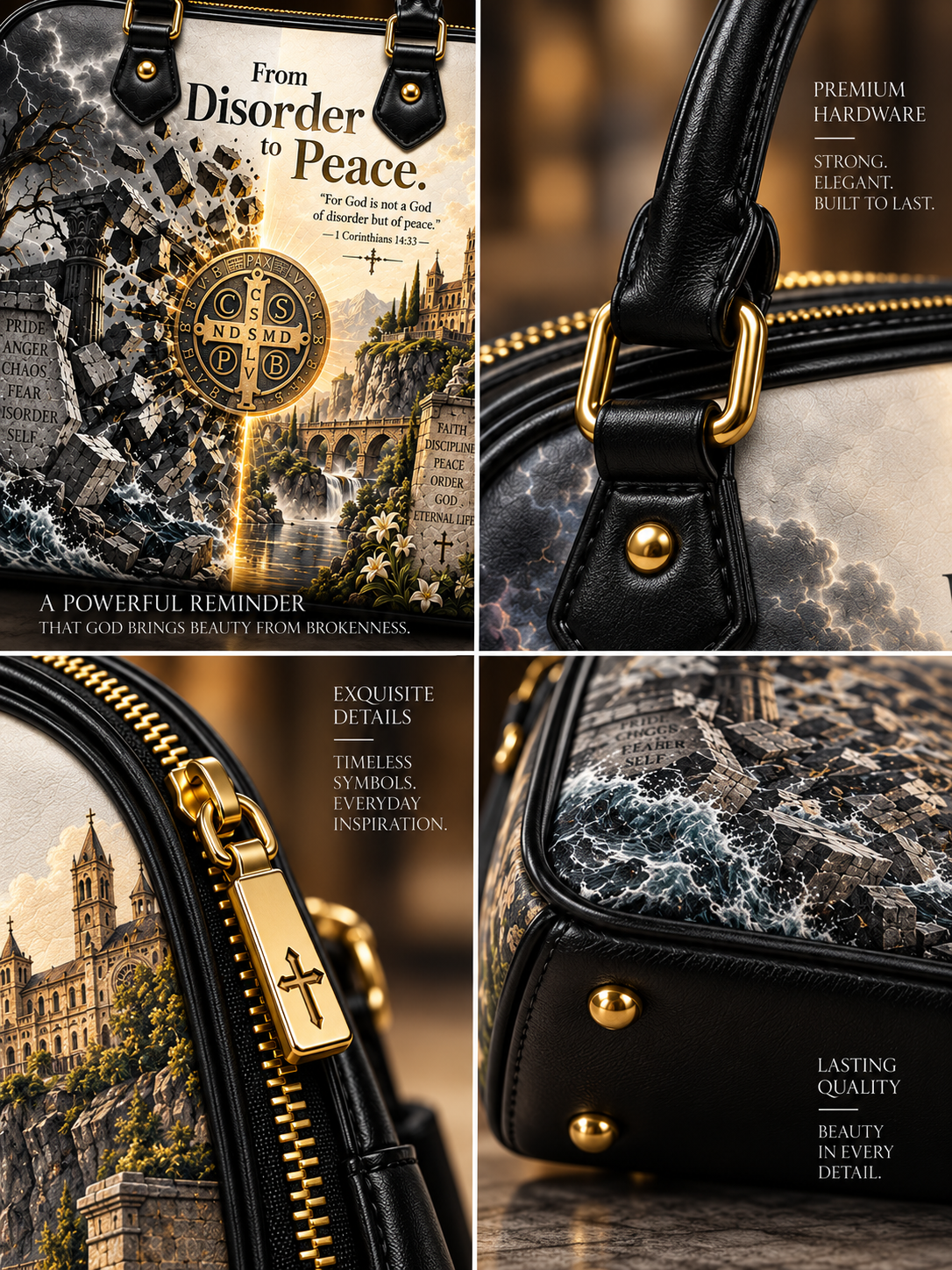 A luxury handbag shown in a four-panel collage highlighting its printed cover art, black leather handles and trim, gold-tone hardware, and a marbled stone-patterned interior lining.