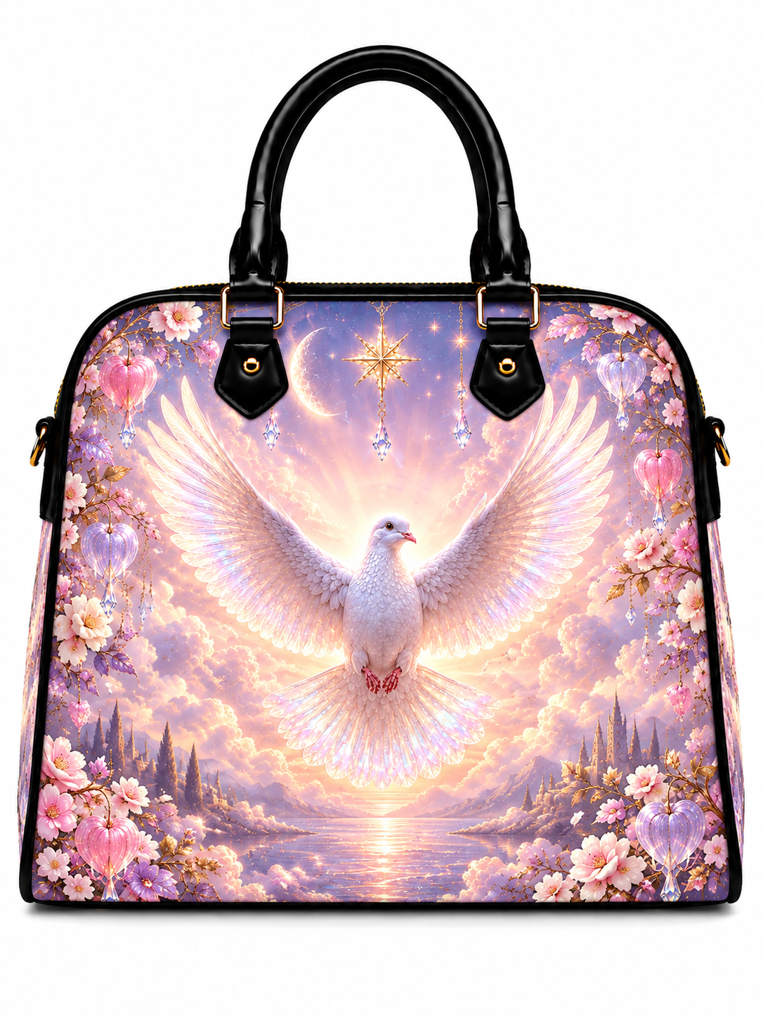 A structured handbag with black leather handles and trim, featuring a vibrant, colorful printed design of a white dove with outstretched wings flying over a pastel landscape with pink flowers and clouds.