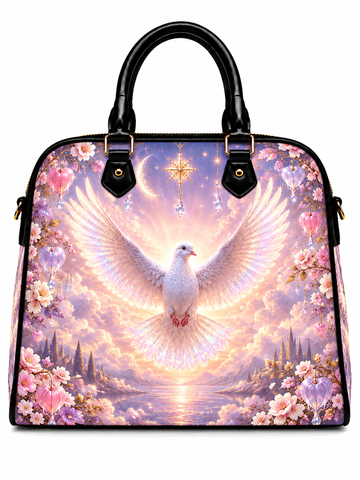 A structured handbag with black leather handles and trim, featuring a vibrant, colorful printed design of a white dove with outstretched wings flying over a pastel landscape with pink flowers and clouds.