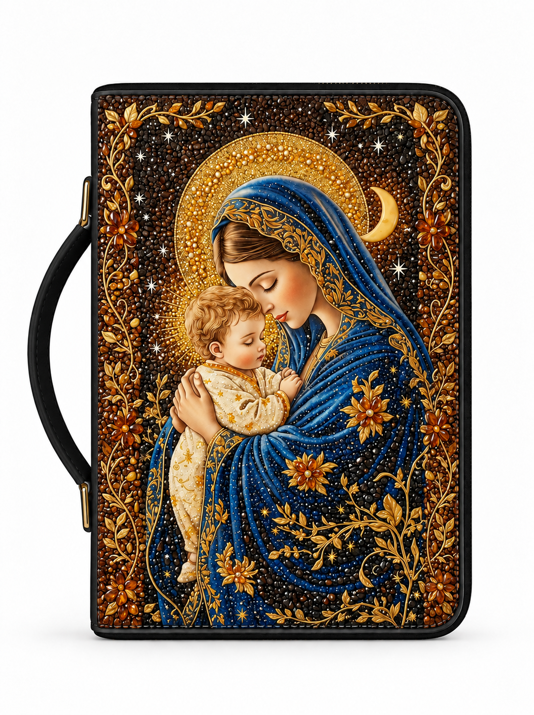 A black zippered Bible or book cover featuring a detailed religious illustration of the Virgin Mary holding baby Jesus, decorated with gold floral borders and a crescent moon on a dark starry background.