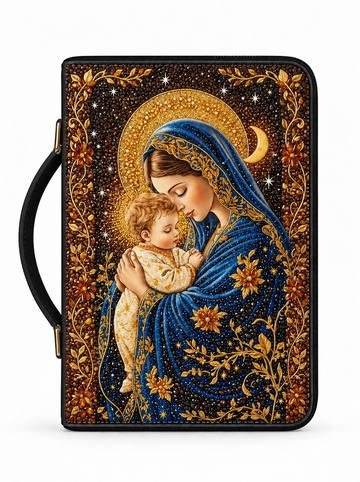A black zippered Bible or book cover featuring a detailed religious illustration of the Virgin Mary holding baby Jesus, decorated with gold floral borders and a crescent moon on a dark starry background.