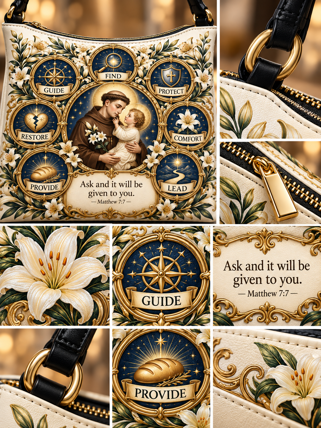 A collage showing a cream and black handbag with ornate gold and navy religious artwork, plus close-up detail shots of the bag hardware, floral print, and printed scripture panels.