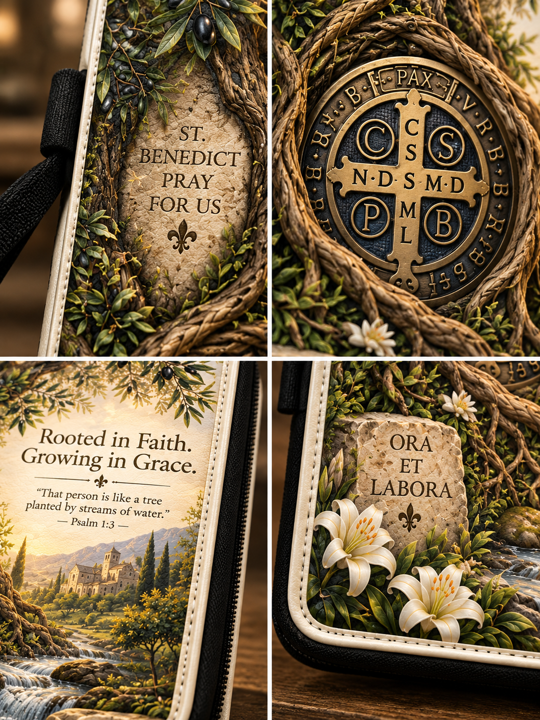 A four-panel close-up collage of a decorative religious plaque or keepsake box featuring St. Benedict imagery, floral details, rope, faux stone panels, and printed scripture quotes on a wooden surface.