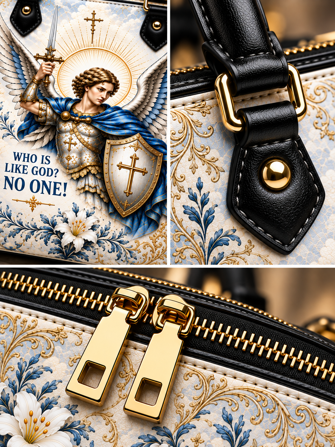A close-up collage of a handbag featuring a religious angel illustration with the text 'WHO IS LIKE GOD? NO ONE!' and ornate floral scrollwork. The top-left panel shows part of the printed body, the top-right panel highlights a black leather strap with gold hardware, and the bottom panel shows gold zipper pulls over a black and patterned bag surface.