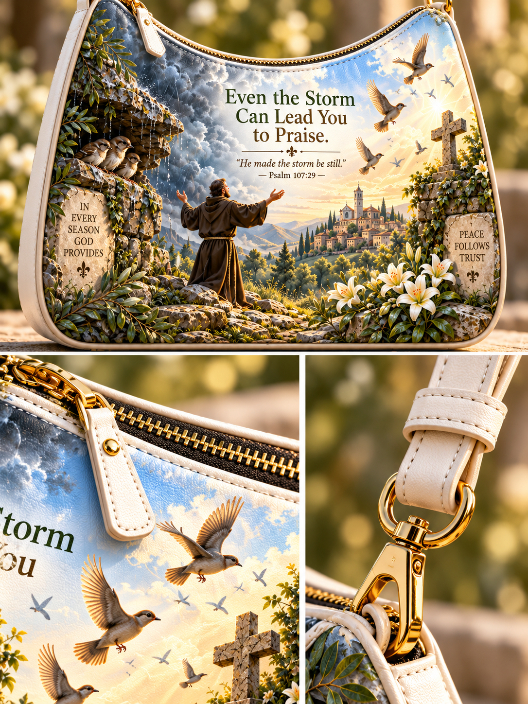 A white shoulder bag with a detailed religious landscape print featuring a saint, crosses, birds, flowers, and the text 'Even the Storm Can Lead You to Praise.' The collage shows the full bag, a close-up of the printed panel, and a close-up of the white strap and gold hardware.