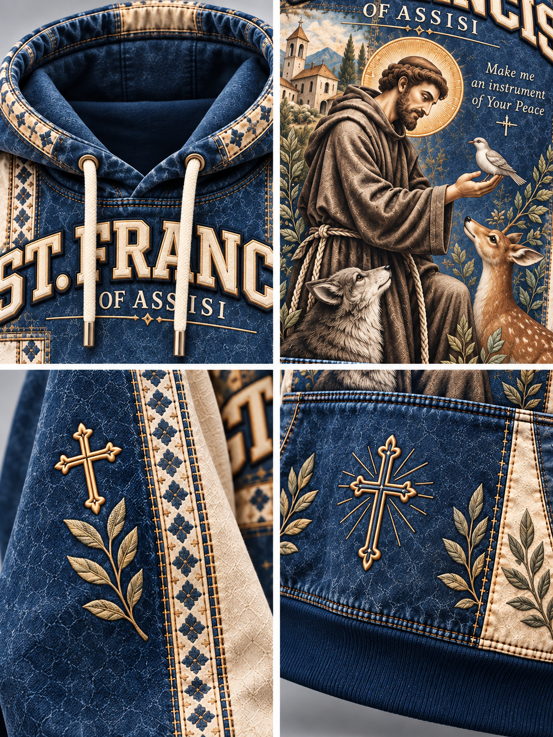 A four-panel close-up collage of a hooded sweatshirt featuring a dark blue and beige design with St. Francis imagery, including a large 'ST.